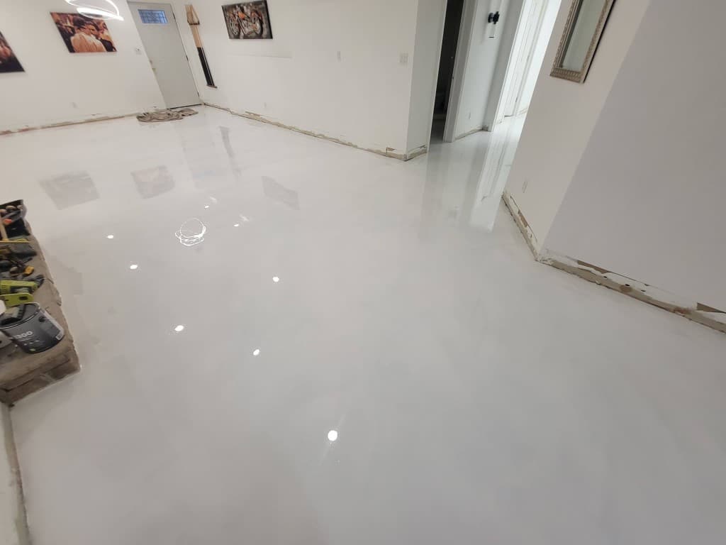 Pure White metallic epoxy floor — Long Island NY